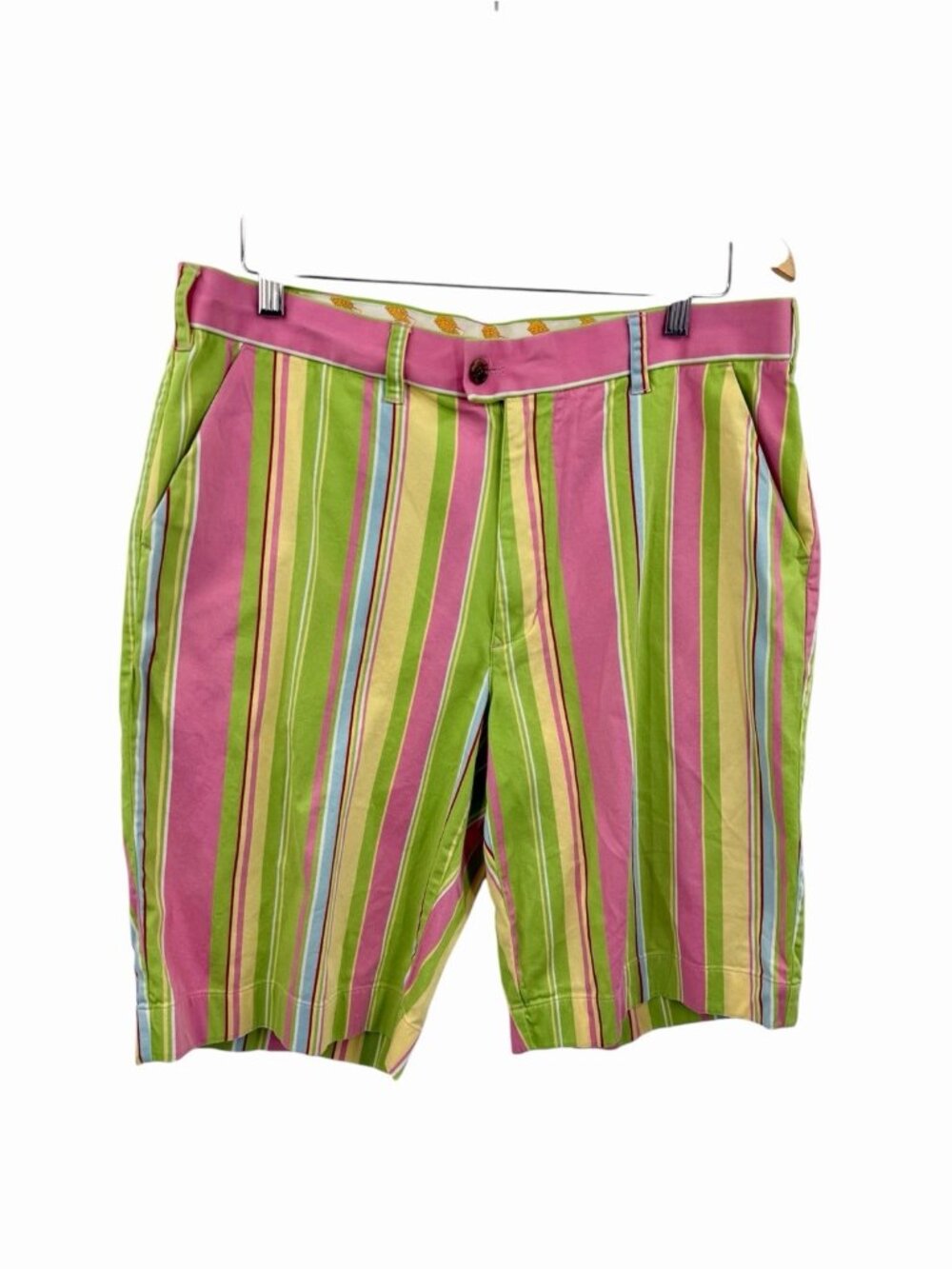 LOUDMOUTH Men's Pink/Green/Yellow Stripe Flat Front 11" Inseam Golf Shorts